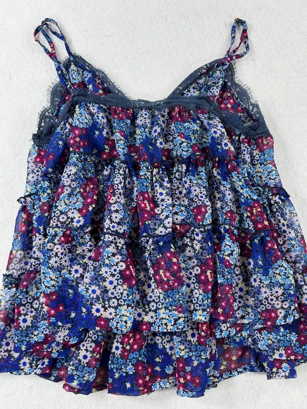 Free People Merries Garden Top Blue Combo Floral Lace Babydoll Tank XS